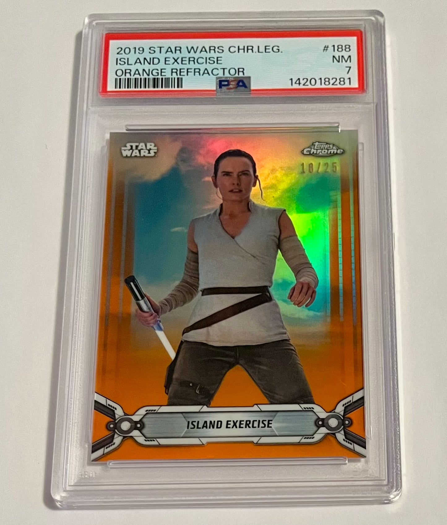 2019 Topps Chrome Legacy Star Wars Island Exercise Orange Refractor 18/25 #188 NM (PSA 7)