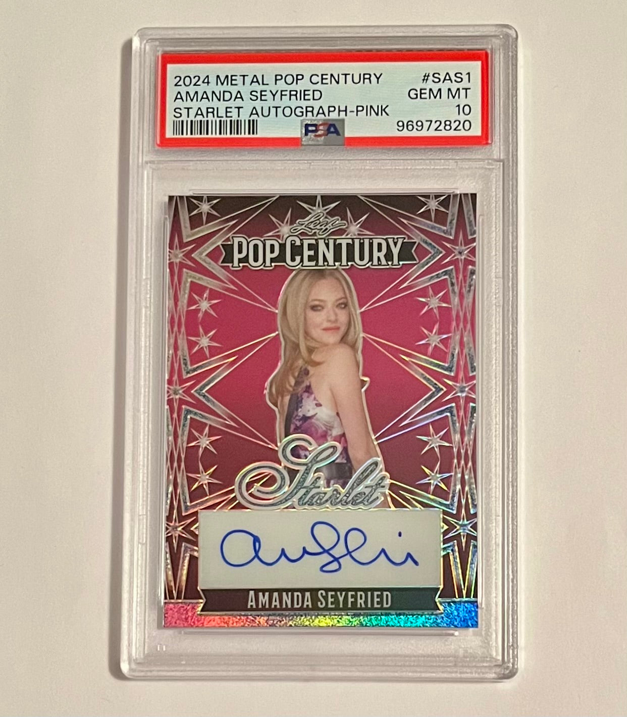 2024 Leaf Metal Pop Century Amanda Seyfried Starlet Autograph Pink 3/7 #SAS1 GEM MT (PSA 10)